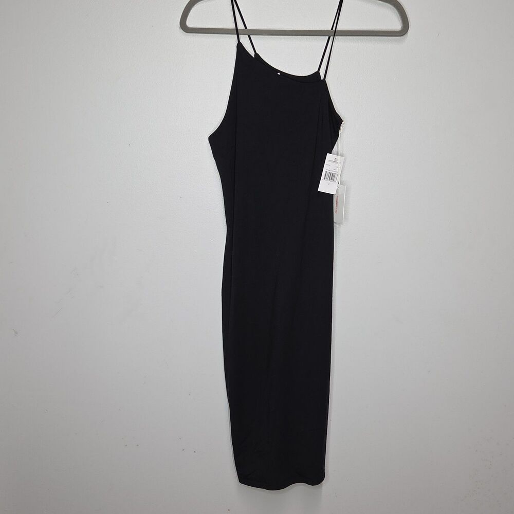 NWT Good American Asymmetrical Spaghetti Strap Bodycon Midi Dress Black Size 3 L
